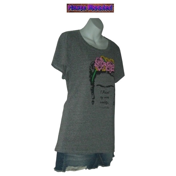 Frida Kahlo Tee Shirt Plus Size Mexican Painter Artist Gray Flowers Sz XXL 2X 2 - Picture 2 of 9